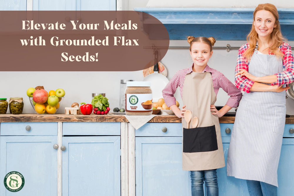 Kitchen counter breakfast with Sownandgrown flaxseed added to yogurt