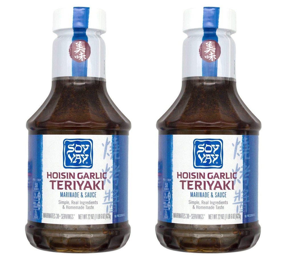 Soy Vay bottle front label showing hoisin garlic flavor and convenient use