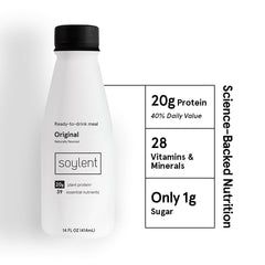 Soylent bottle close-up label highlighting nutrition facts and protein