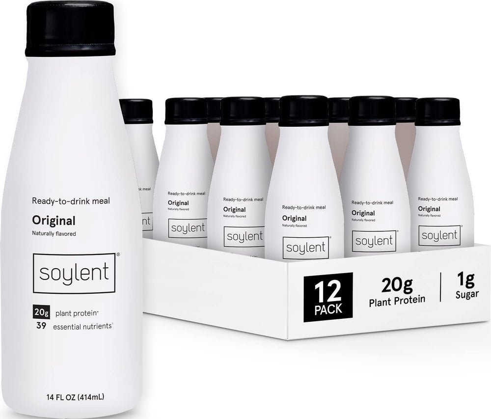 Soylent bottle front packaging showing product and benefits