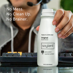 Soylent bottle in hand for scale and convenient single-serve use
