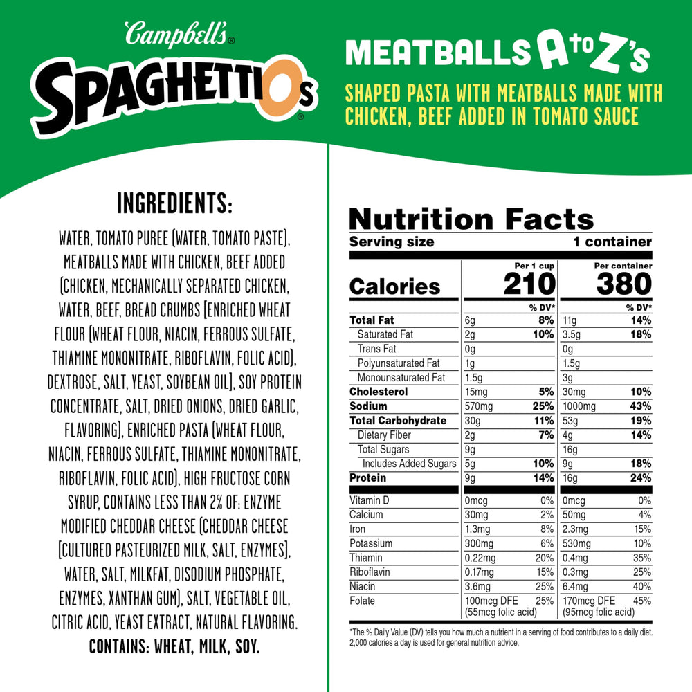 SpaghettiOs open can with alphabet pasta and meatballs, ready to eat