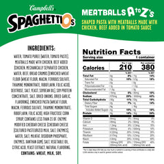 SpaghettiOs open can with alphabet pasta and meatballs, ready to eat