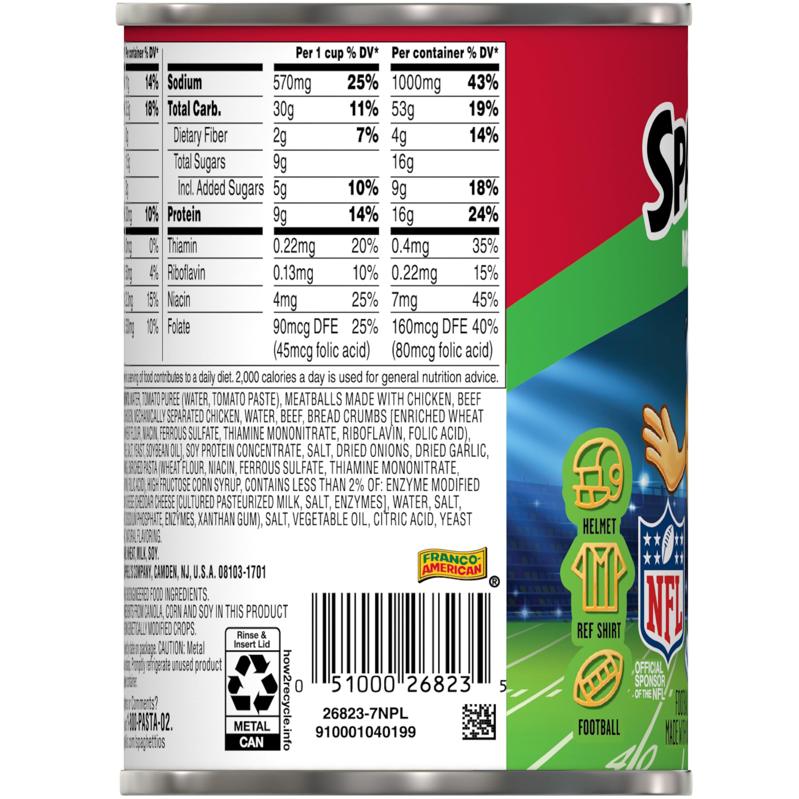 SpaghettiOs next to spoon for scale showing can serving size convenience