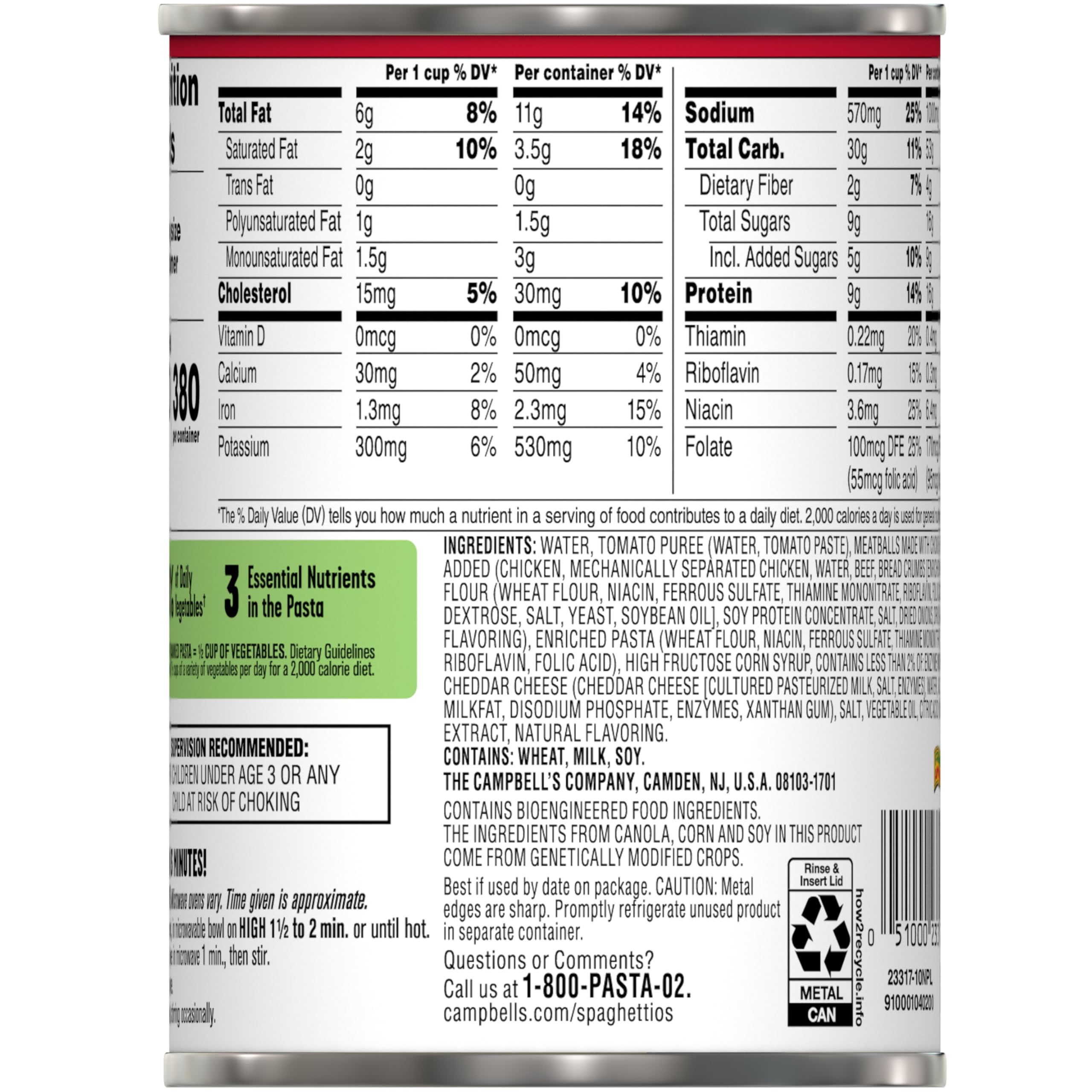 SpaghettiOs nutrition label and ingredient list for informed choices