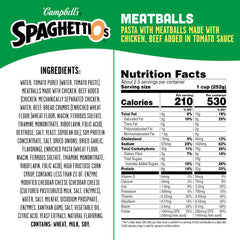 SpaghettiOs open can with o-shaped pasta and meatballs, ready to eat quickly