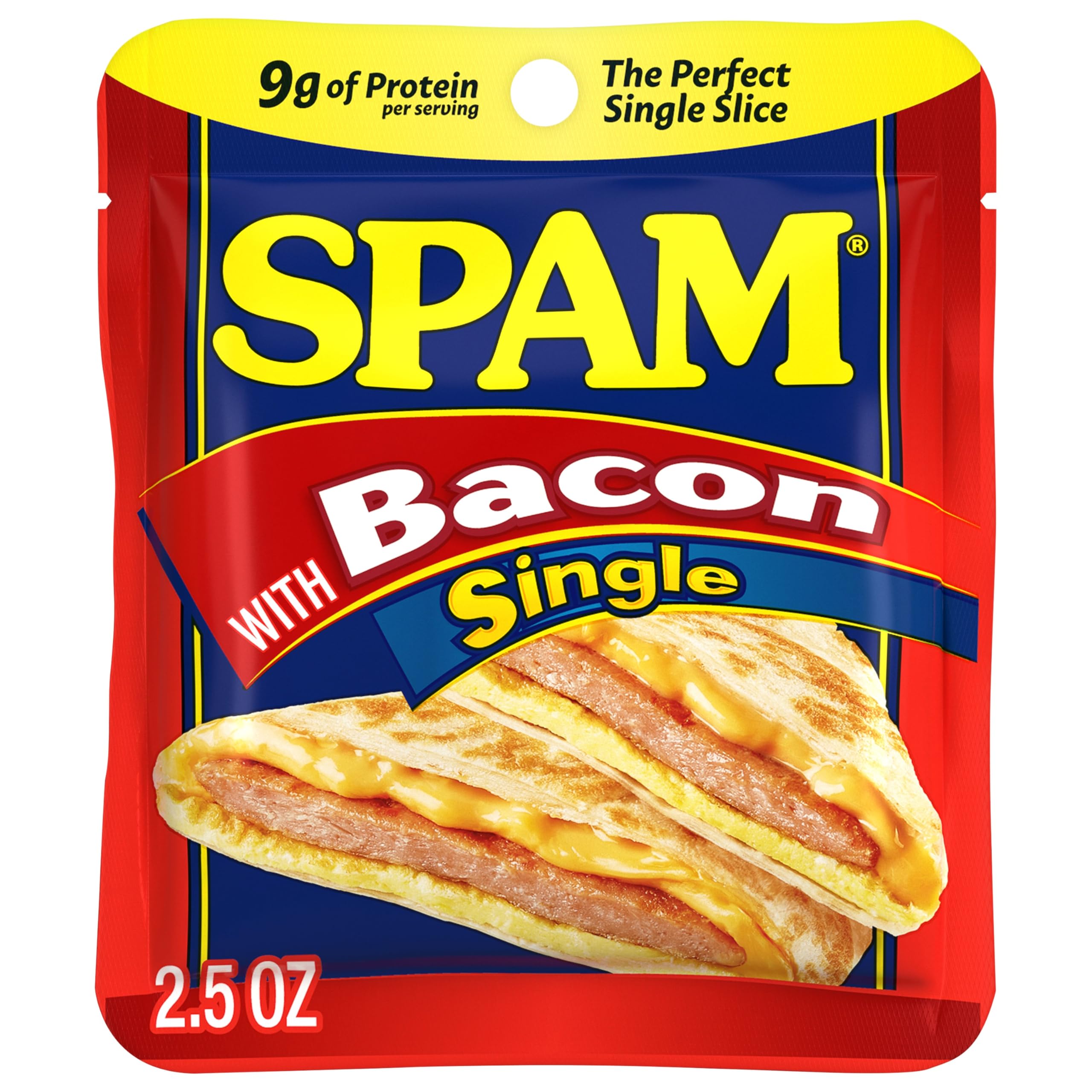 SPAM bacon single pouch front view showing label and convenience