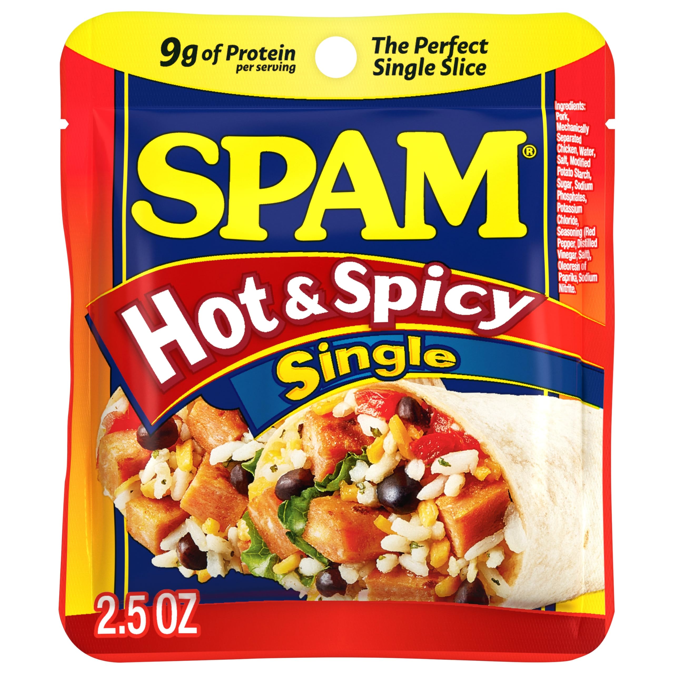SPAM Hot & Spicy front packaging shows spicy pork singles and convenience benefit