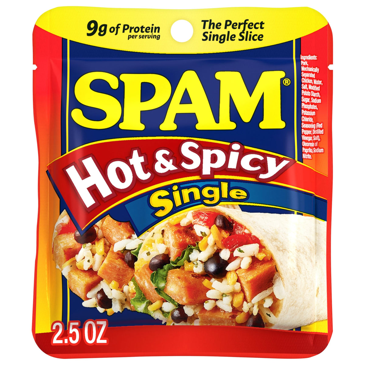 SPAM Hot & Spicy front packaging shows spicy pork singles and convenience benefit