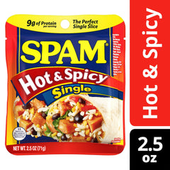SPAM Hot & Spicy pouch opened showing ready-to-eat pork and portable convenience
