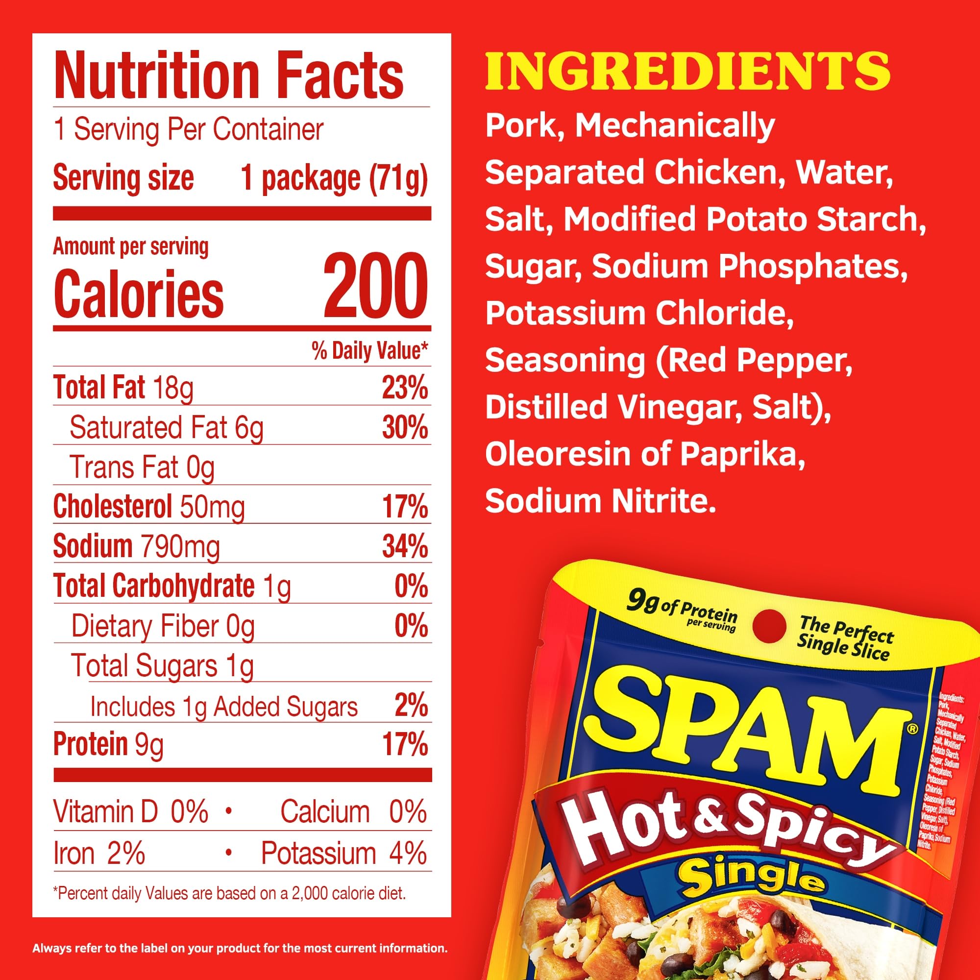SPAM Hot & Spicy pouch beside a knife showing 2.5oz scale and portion control