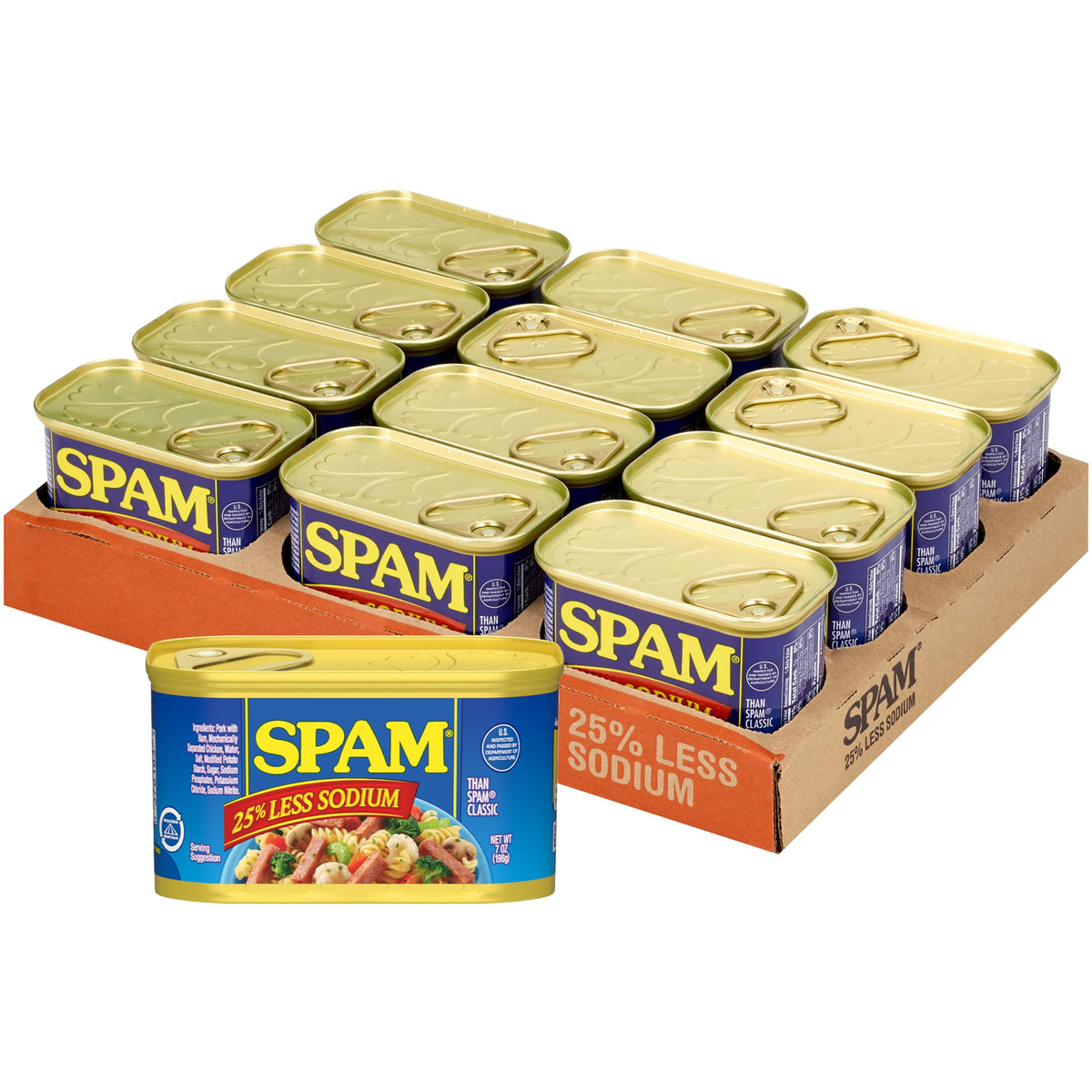 SPAM less sodium front packaging shows label and 12-pack convenience