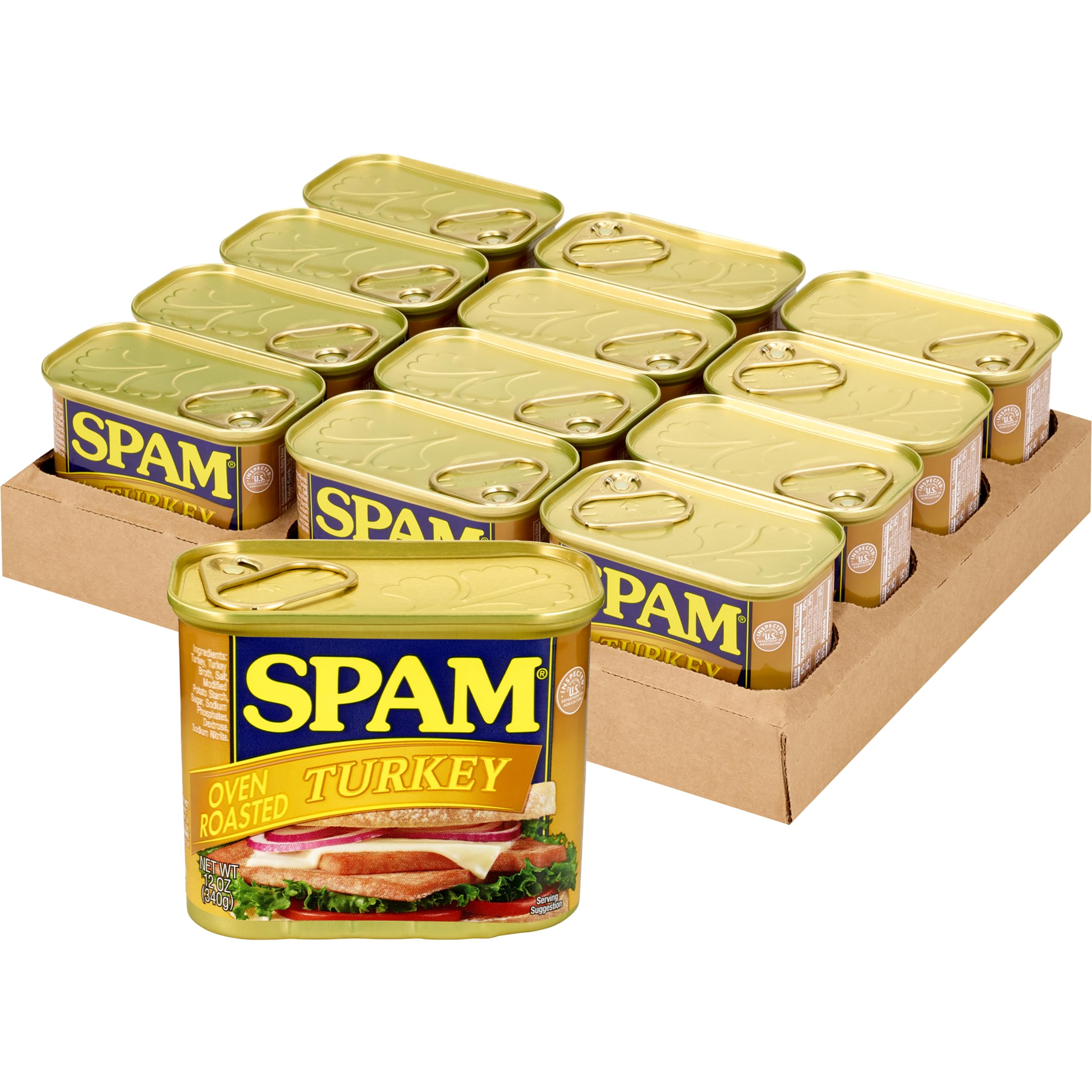 SPAM oven roasted turkey front can showing label and size, highlights convenience