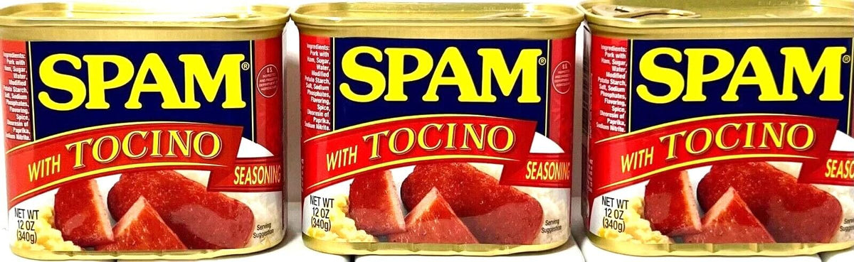 SPAM front can showing tocino seasoning and convenient pantry storage benefit