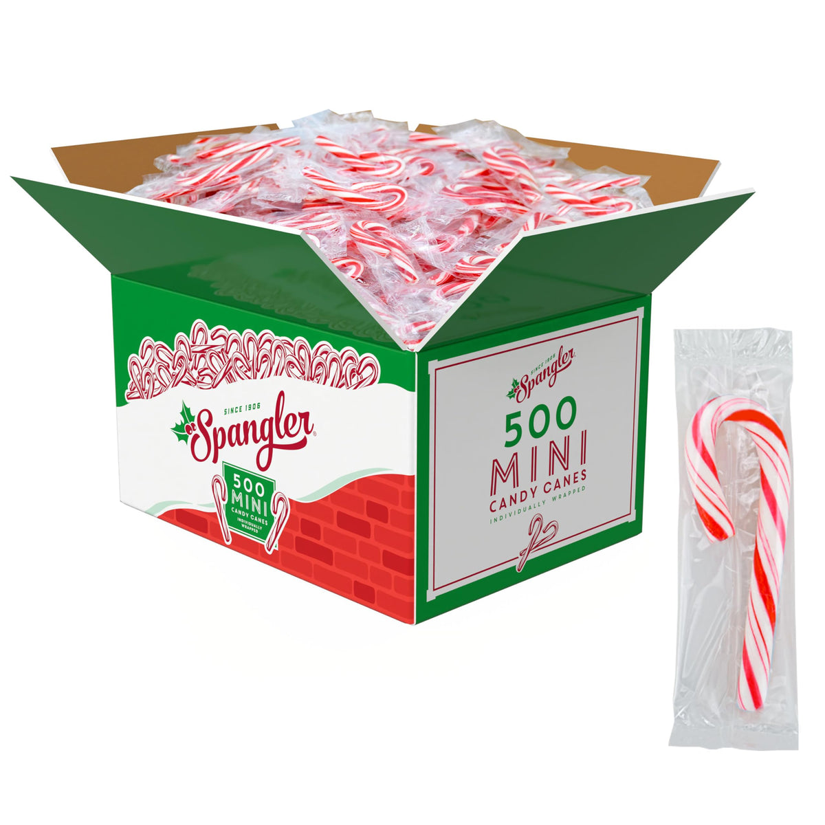 Spangler box front view showing 500-count peppermint sticks and holiday packaging benefit