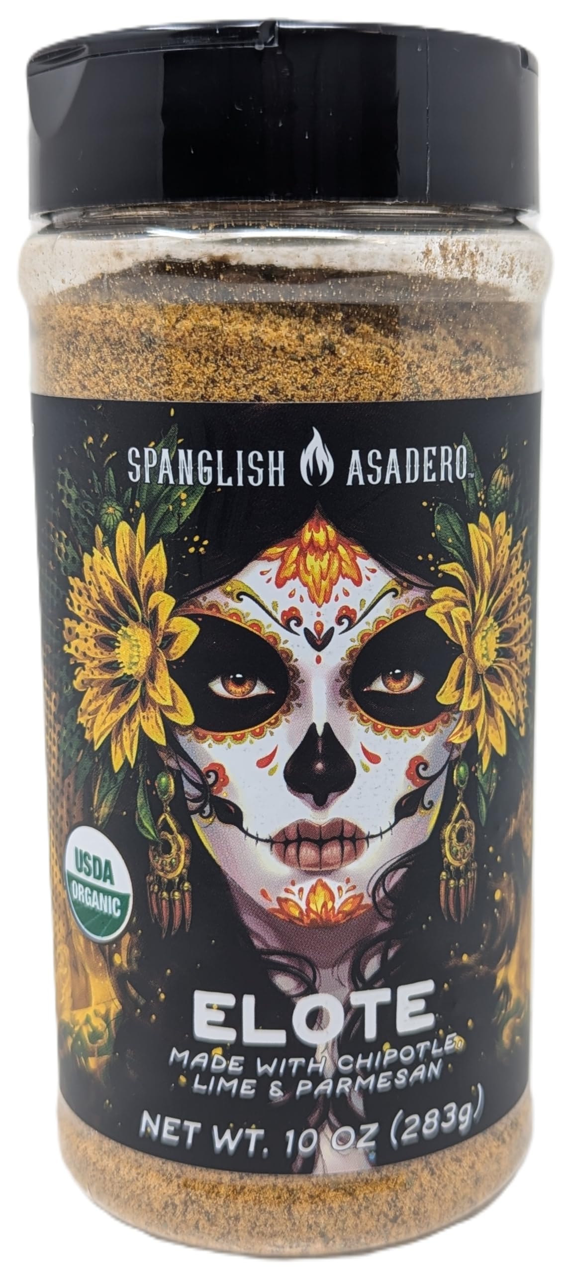 Spanglish Asadero front packaging showing organic elote seasoning benefits