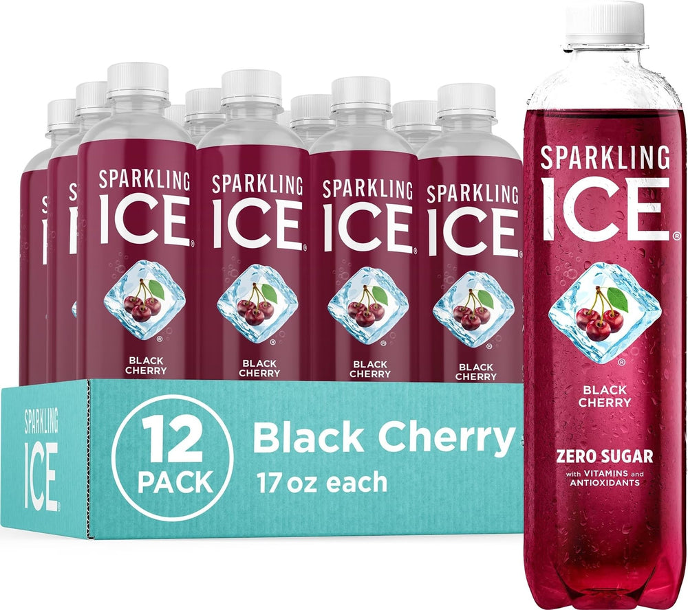 Sparkling Ice front packaging showing twelve black cherry bottles and convenience