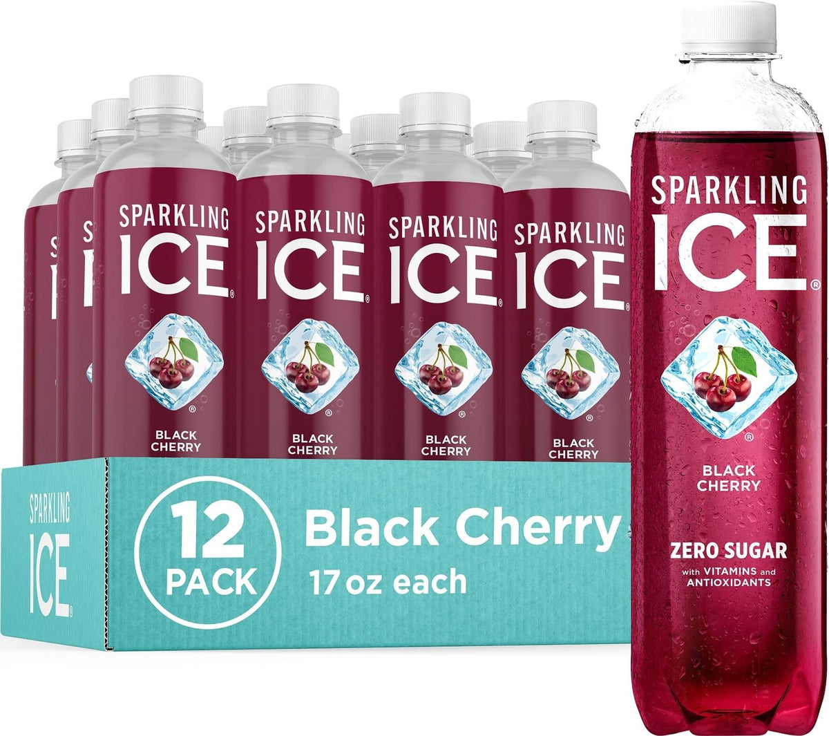 Sparkling Ice front packaging showing twelve black cherry bottles and convenience