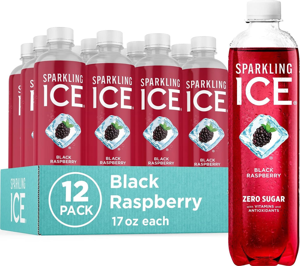 Sparkling Ice front bottle showing black raspberry flavor and refreshing fizz