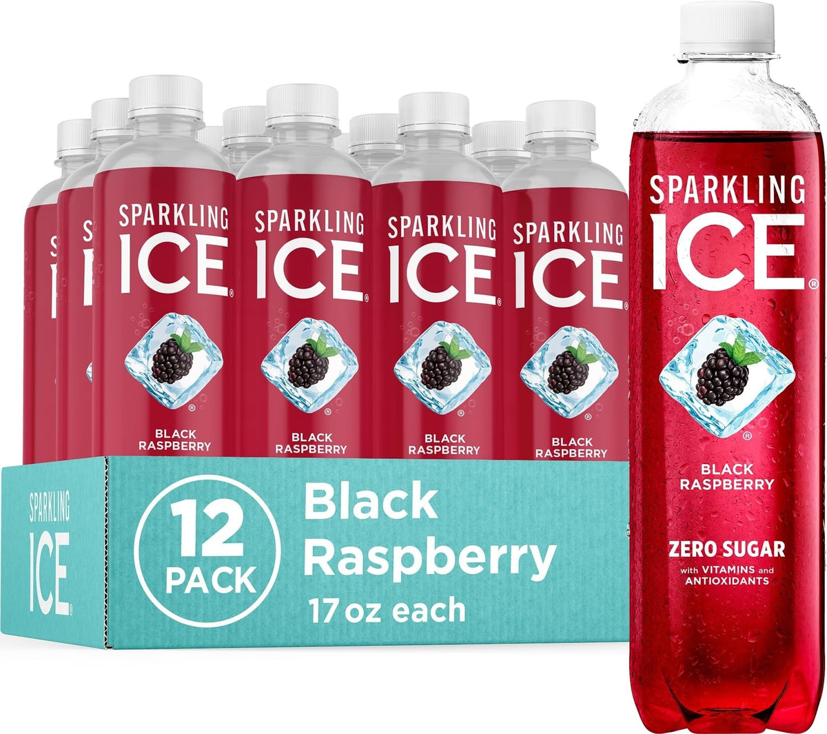 Sparkling Ice front bottle showing black raspberry flavor and refreshing fizz