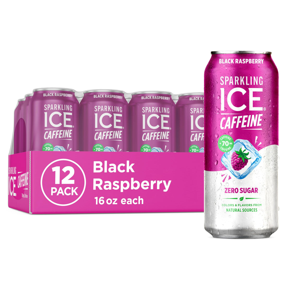 Sparkling Ice front packaging showing black raspberry cans and convenience