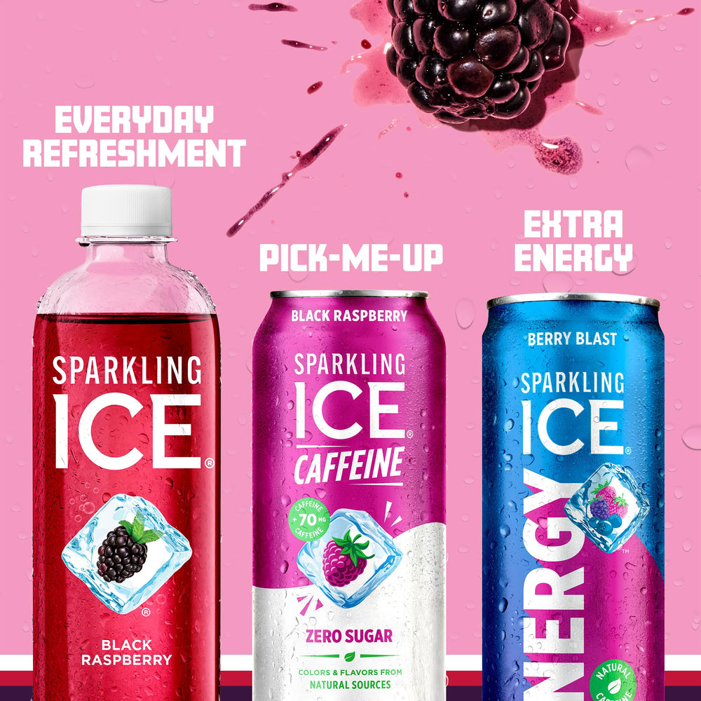 Sparkling Ice can beside coffee cup showing 16 fl oz serving size benefit