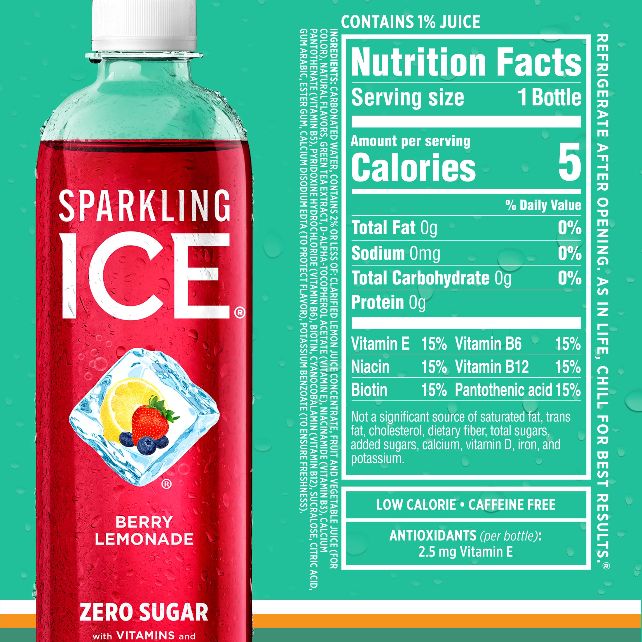 Sparkling Ice recyclable bottle label close-up, brand supports easy recycling benefit