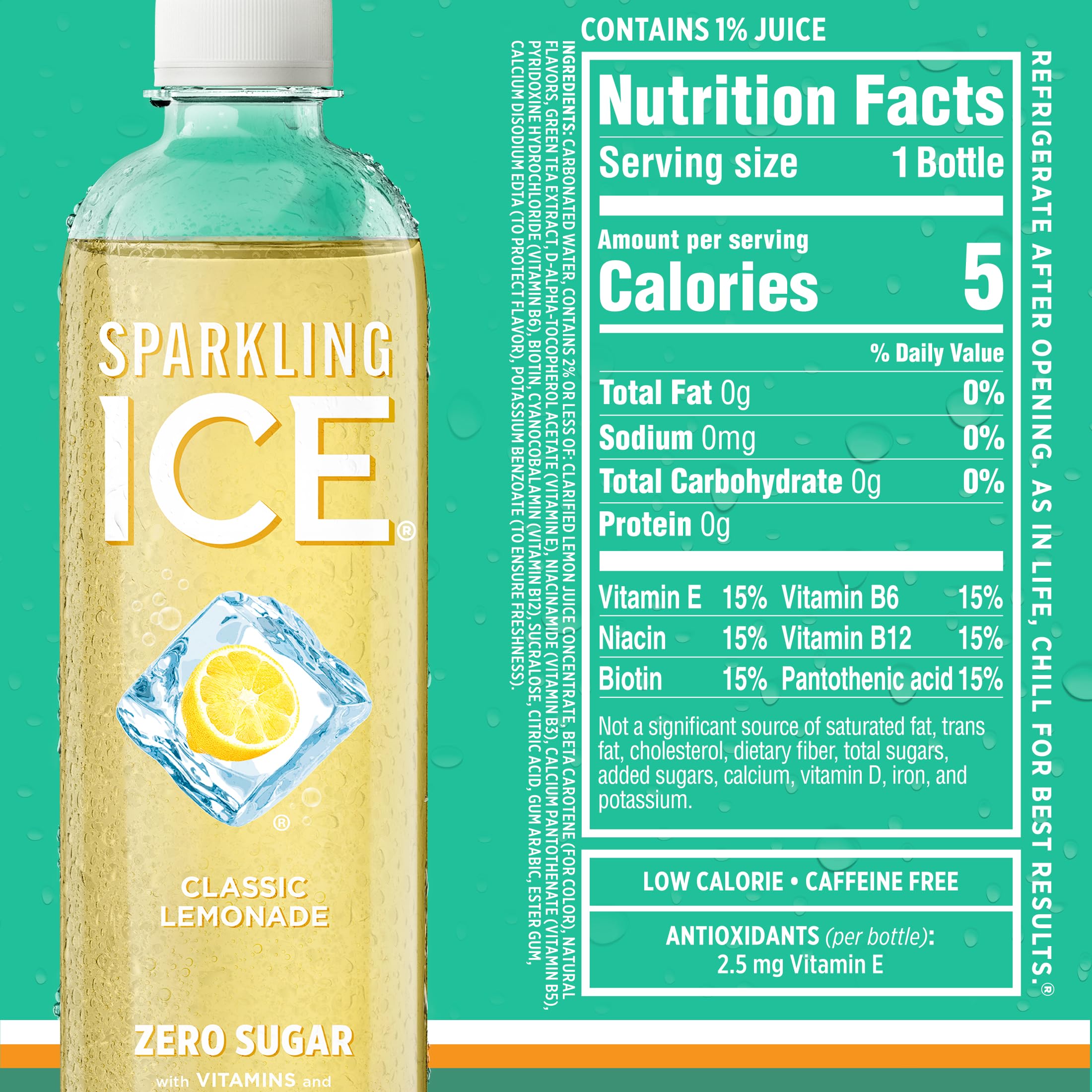Sparkling Ice bottle next to common object for scale, brand shows 17 fl oz portion benefit