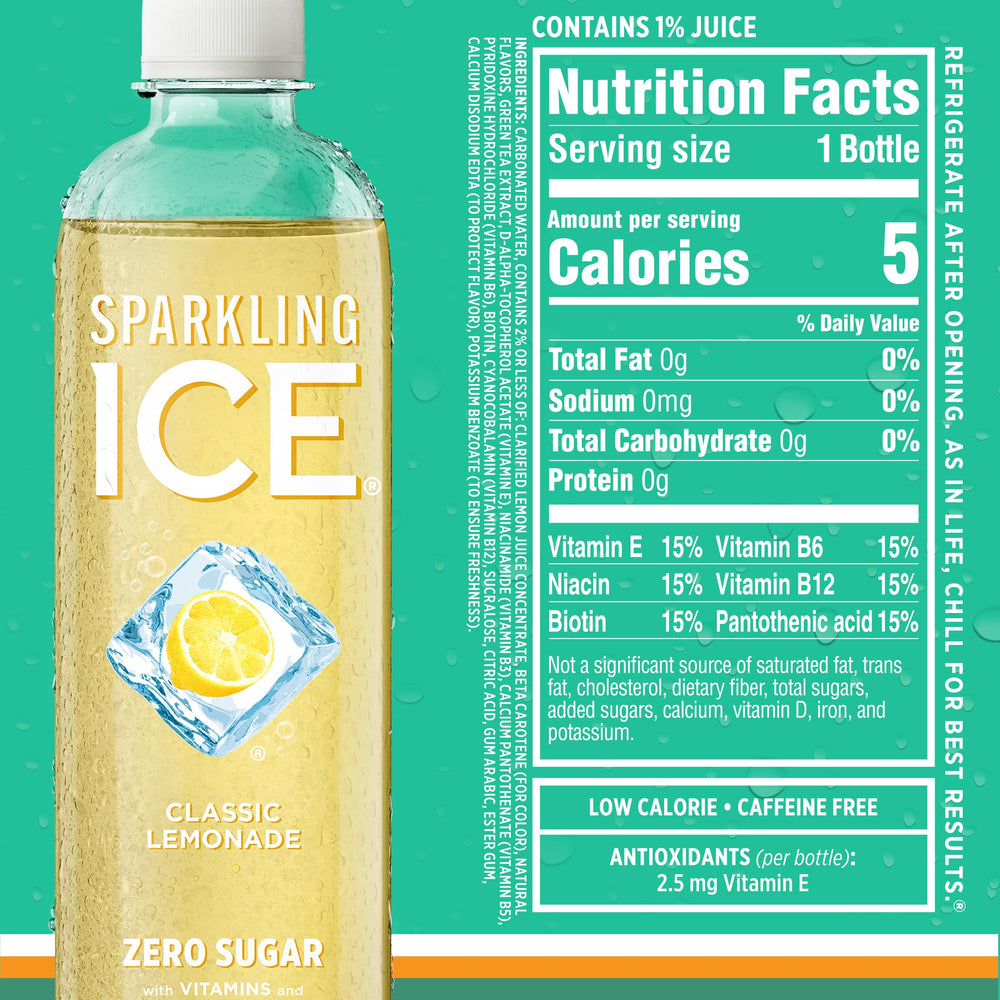 Sparkling Ice bottle next to common object for scale, brand shows 17 fl oz portion benefit