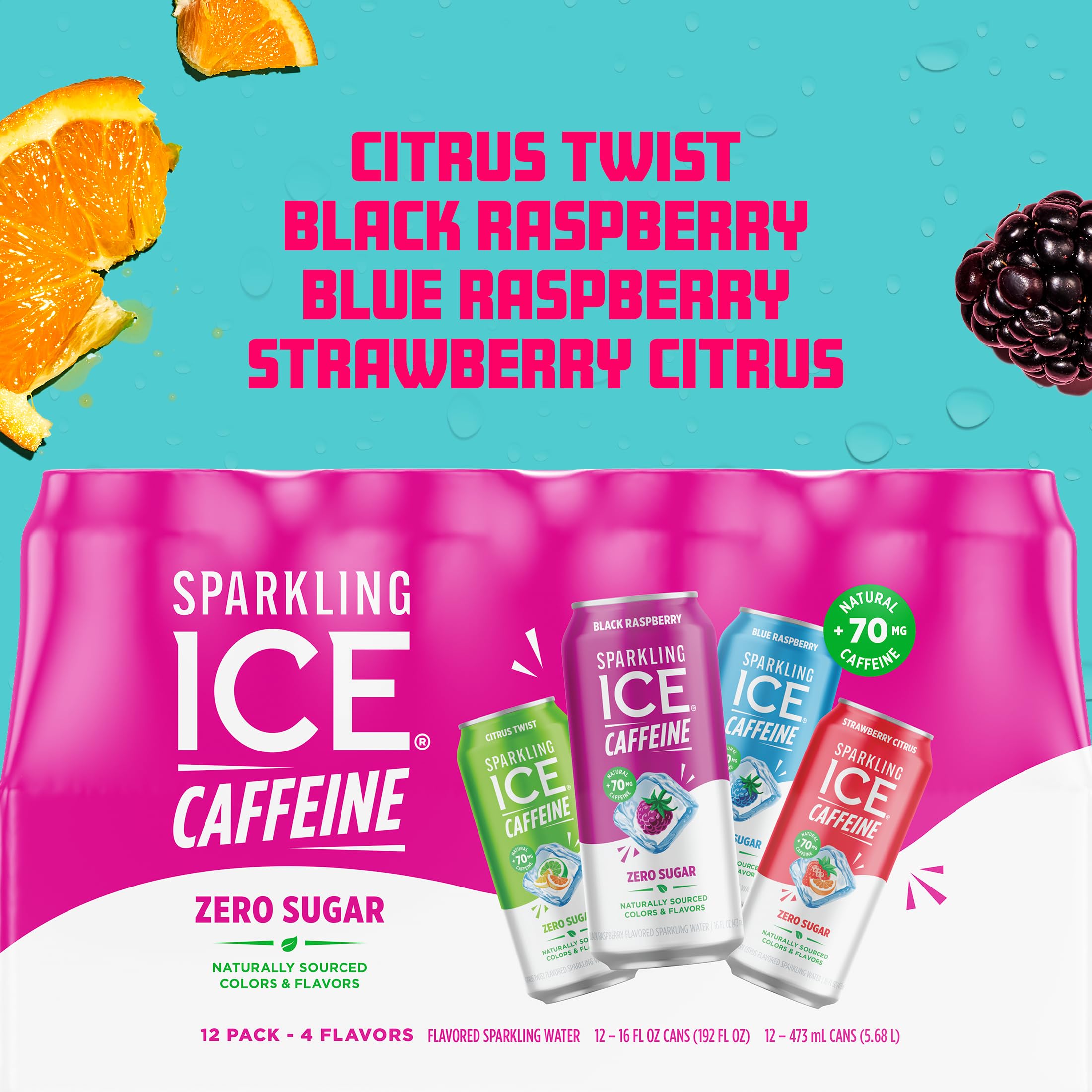 Sparkling Ice close-up of can label highlighting vitamins and caffeine