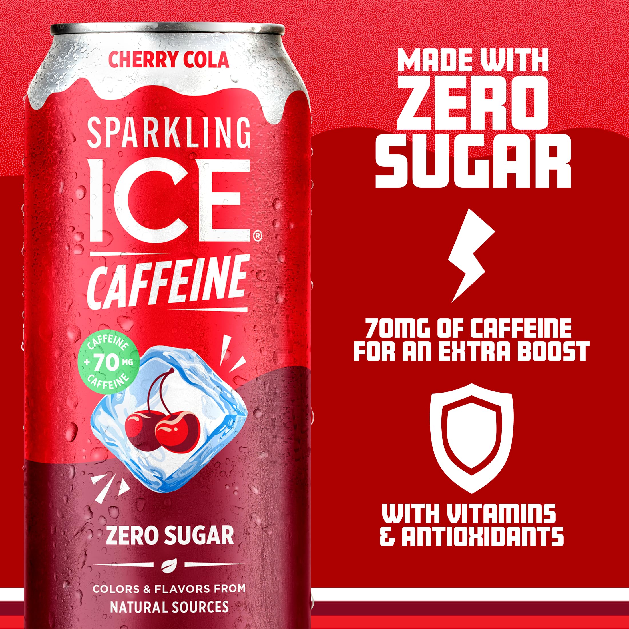 Sparkling Ice open Cherry Cola can with visible bubbles showing energizing fizz benefit