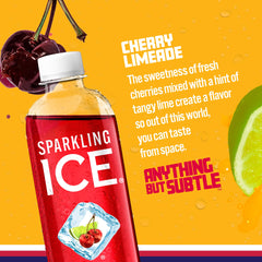 Sparkling Ice Cherry Limeade bottle close-up label showing vitamin and zero sugar benefits