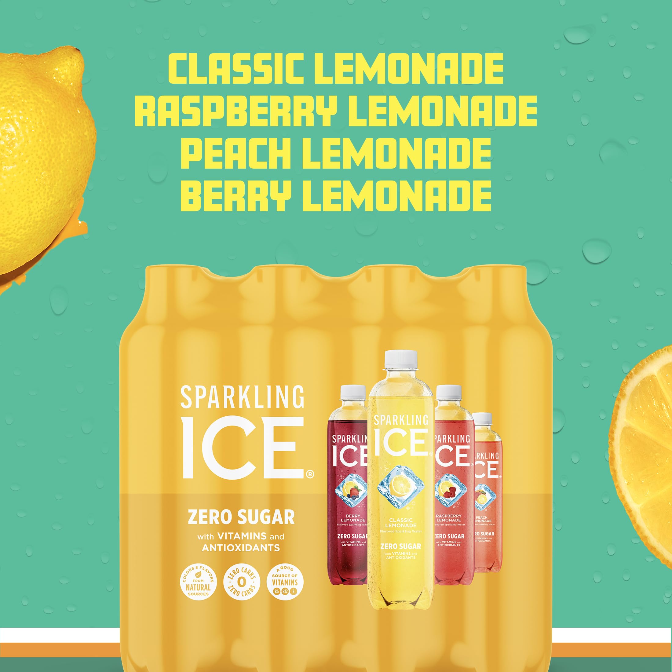 Sparkling Ice Classic Lemonade close-up of bottle showing crisp citrus flavor benefit