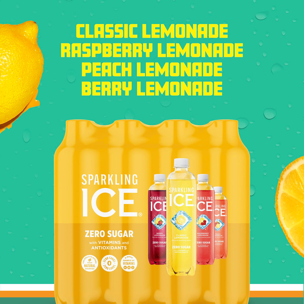 Sparkling Ice Classic Lemonade close-up of bottle showing crisp citrus flavor benefit