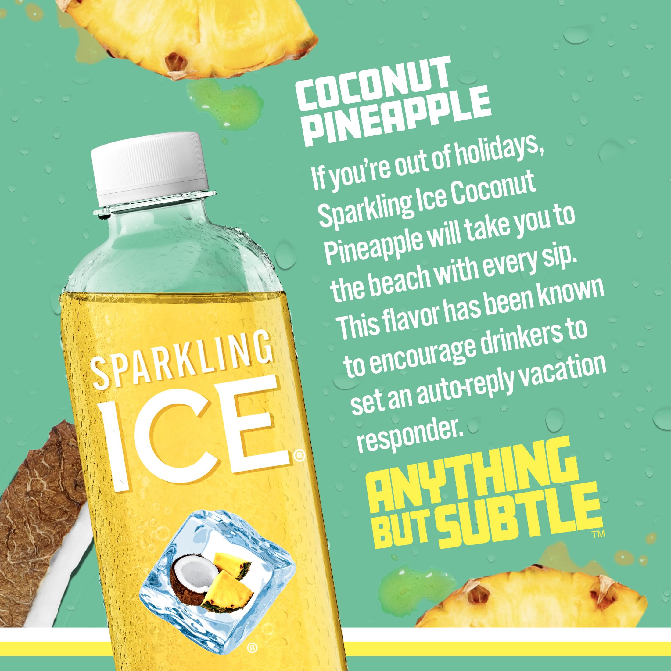 Sparkling Ice coconut pineapple bottle close-up highlighting label and clarity