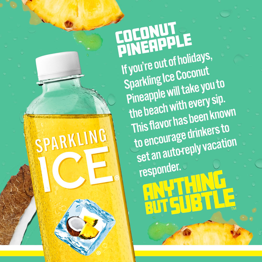 Sparkling Ice coconut pineapple bottle close-up highlighting label and clarity