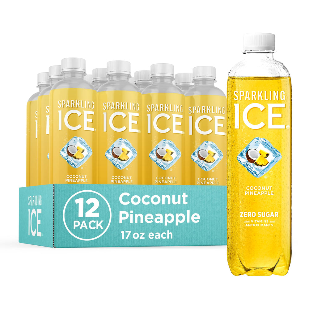 Sparkling Ice coconut pineapple front packaging showing 12-pack for stocking up