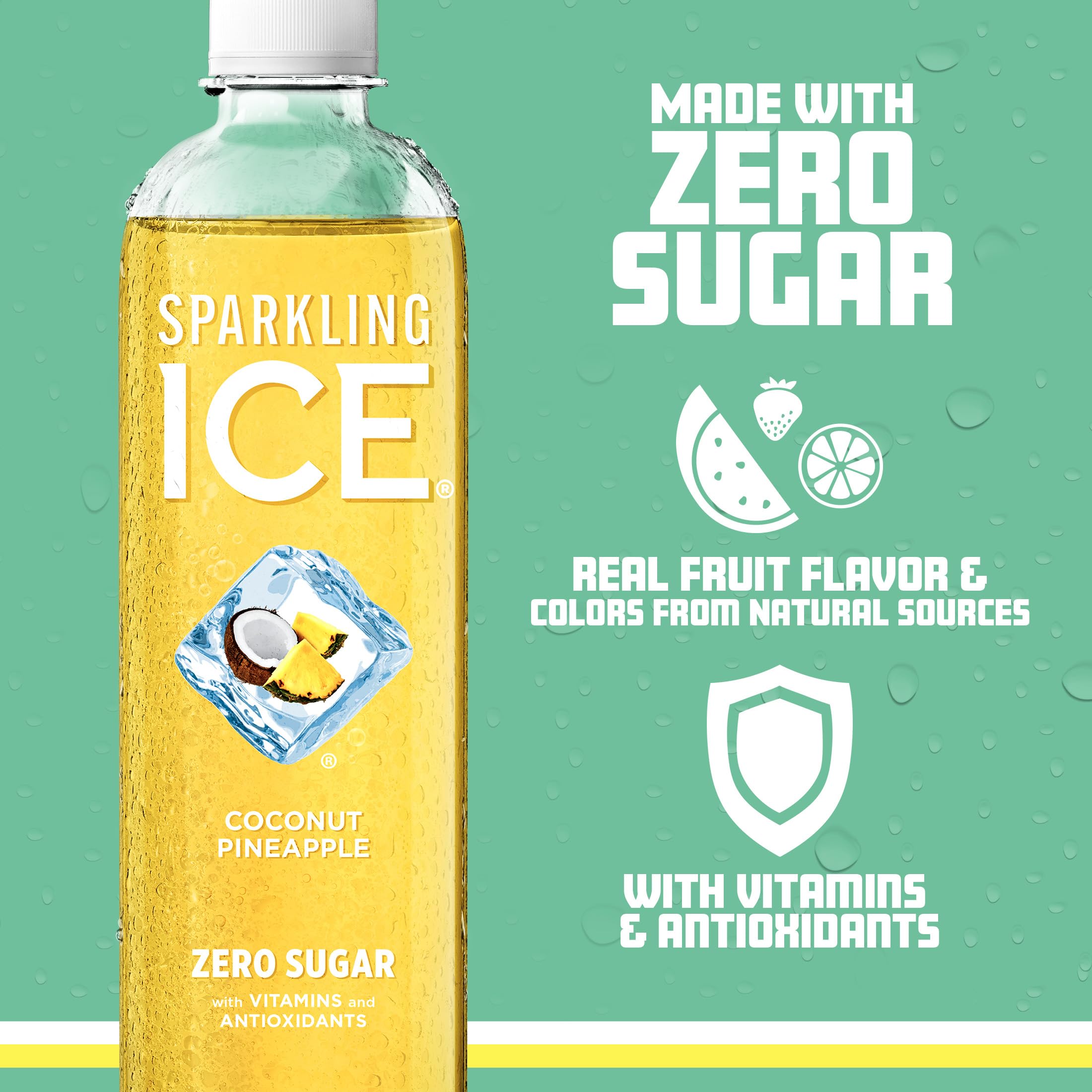 Sparkling Ice coconut pineapple pouring into glass with bubbles for refreshing fizz