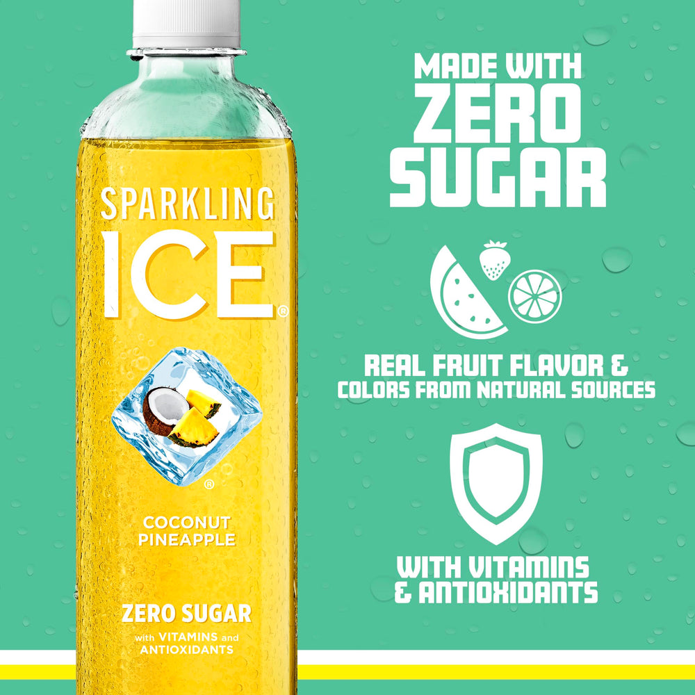 Sparkling Ice coconut pineapple pouring into glass with bubbles for refreshing fizz