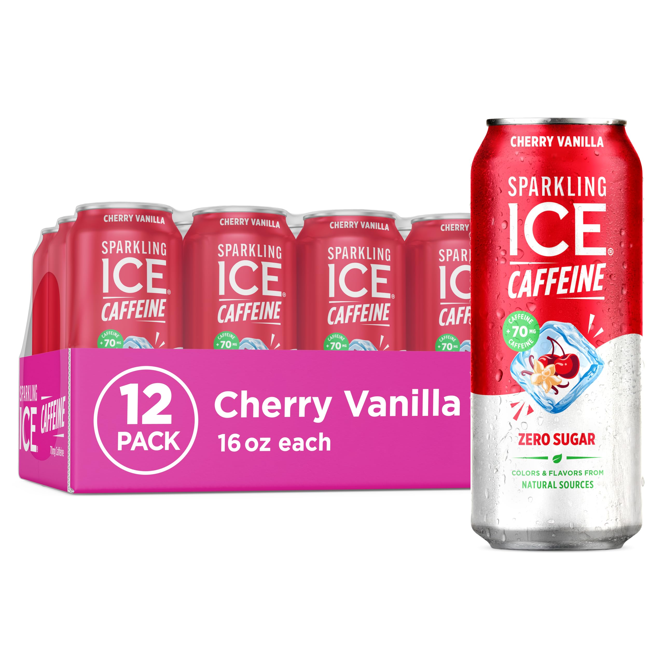 Sparkling Ice front pack showing 12 cans and cherry vanilla flavor benefit