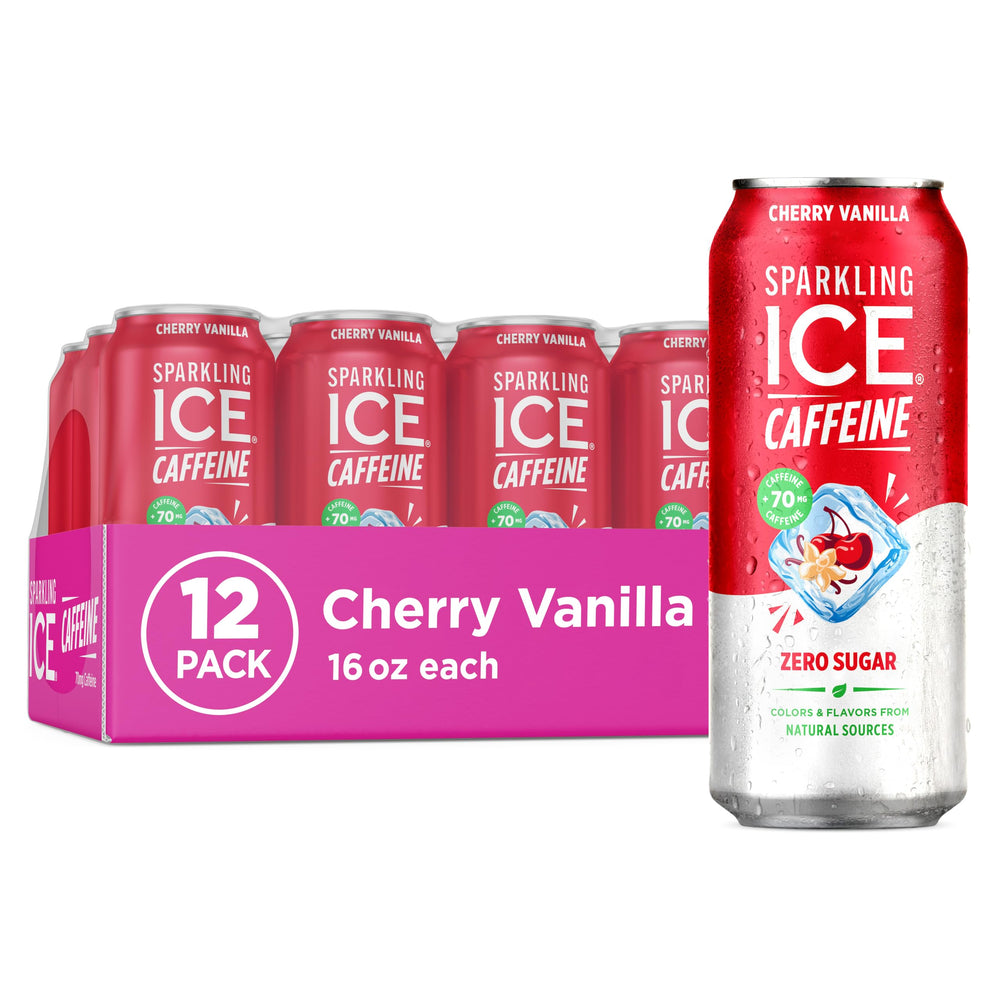 Sparkling Ice front pack showing 12 cans and cherry vanilla flavor benefit