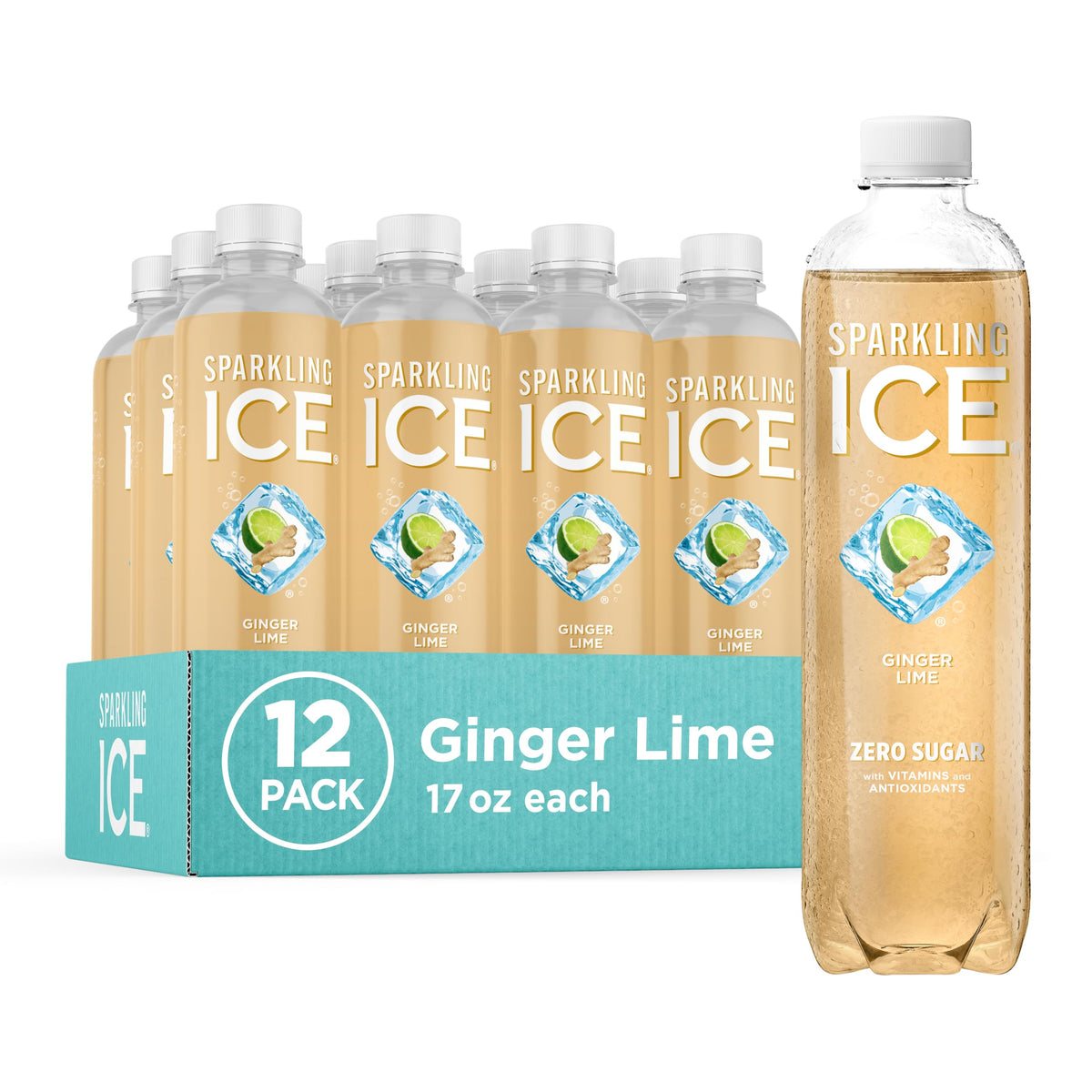 Sparkling Ice front packaging showing ginger lime bottles and bold branding for convenience