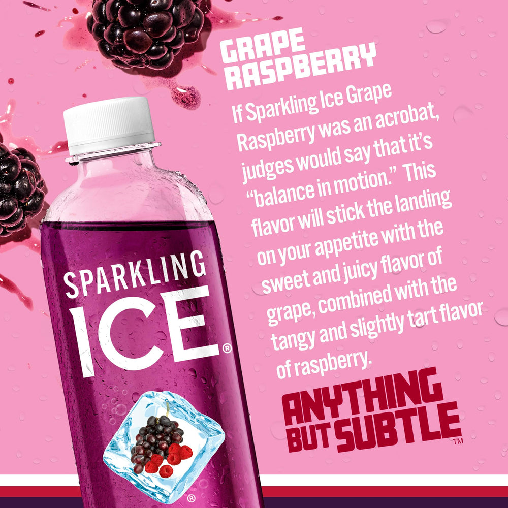 Sparkling Ice grape raspberry close-up label highlighting vitamins and zero sugar benefits