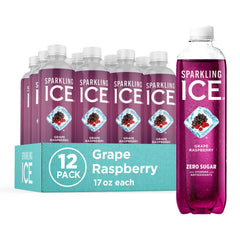 Sparkling Ice grape raspberry front packaging showing 12-bottle pack and vibrant label for refreshing taste