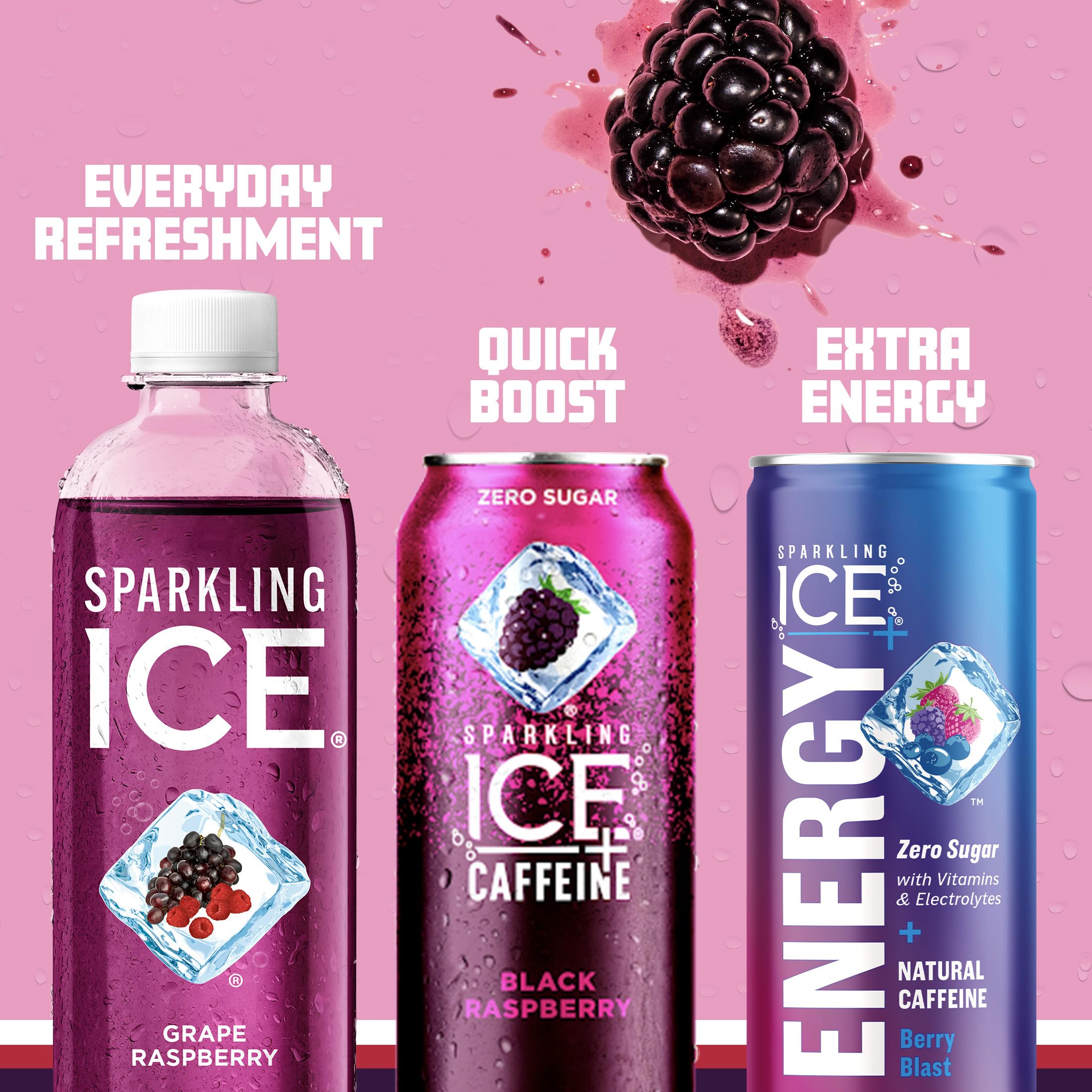 Sparkling Ice grape raspberry on a table with snacks to show convenient, flavor-forward beverage option