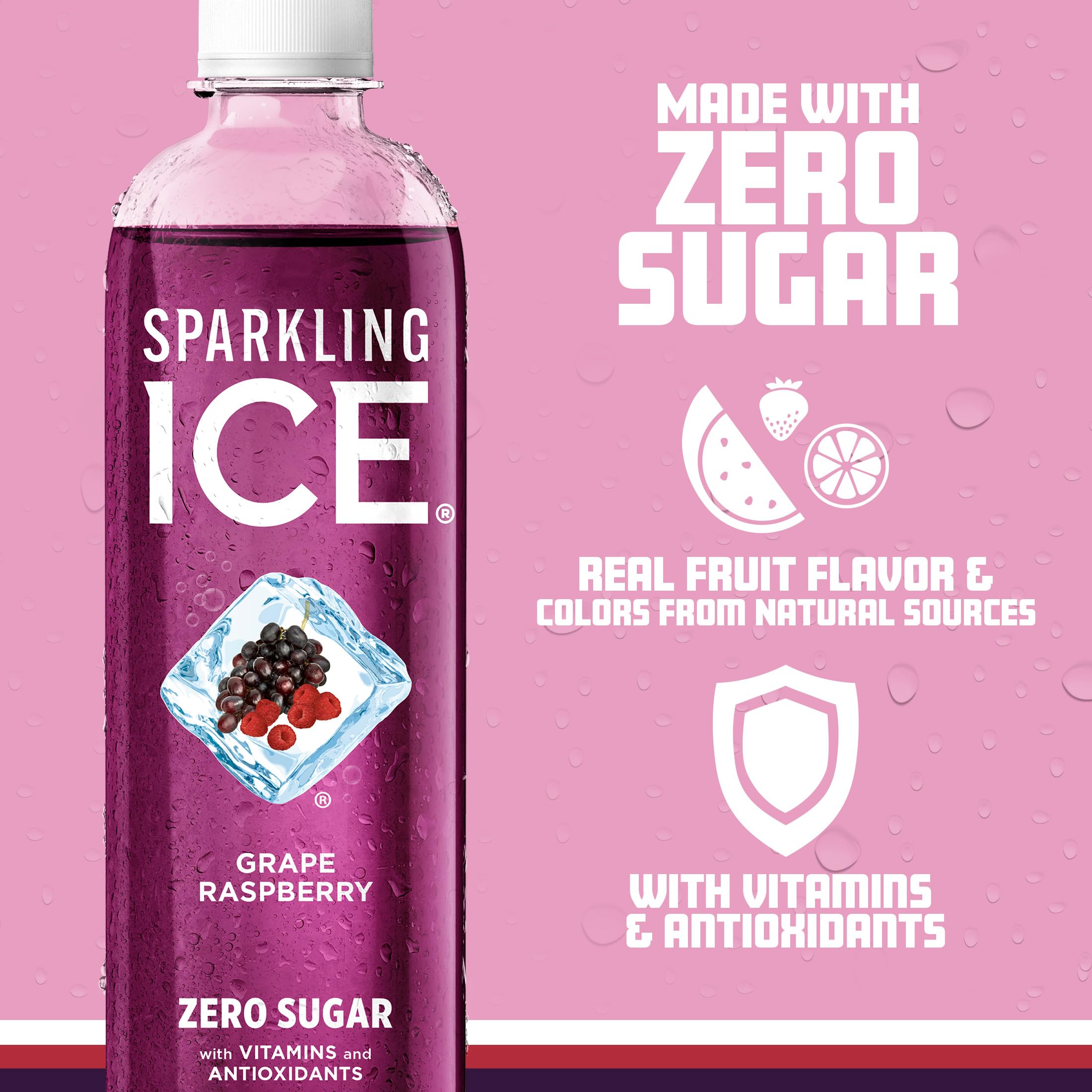 Sparkling Ice grape raspberry being poured into a glass with ice for crisp, low-calorie refreshment