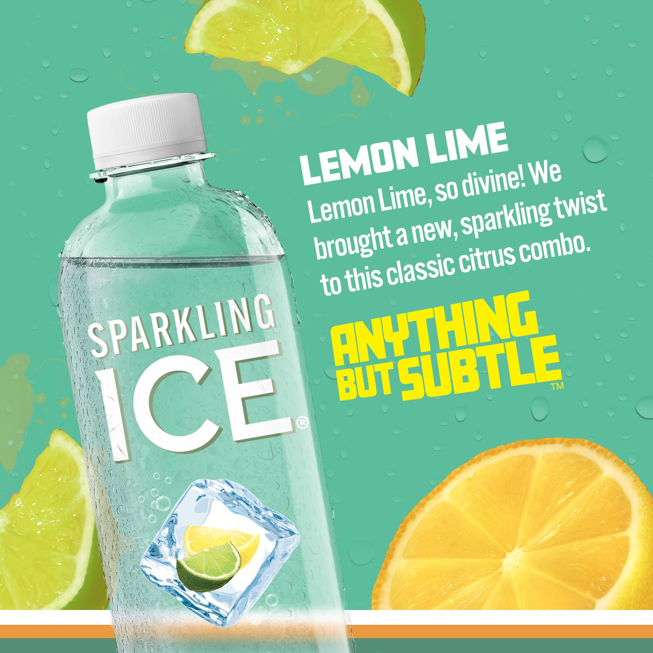 Sparkling Ice bottle close-up label showing lemon lime details and vitamin info for clarity