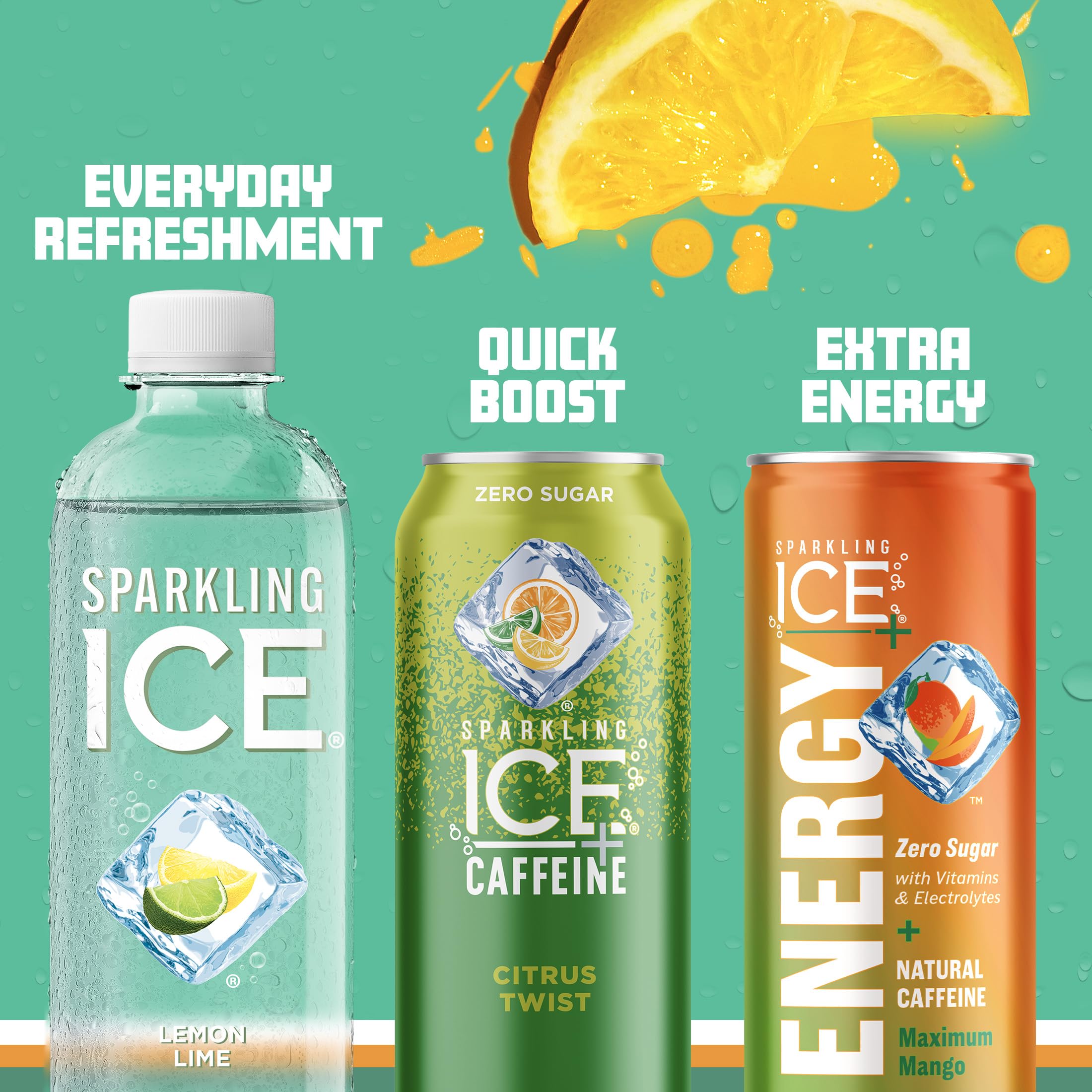 Sparkling Ice bottle next to a water bottle for scale, showing 17 fl oz single-serve convenience