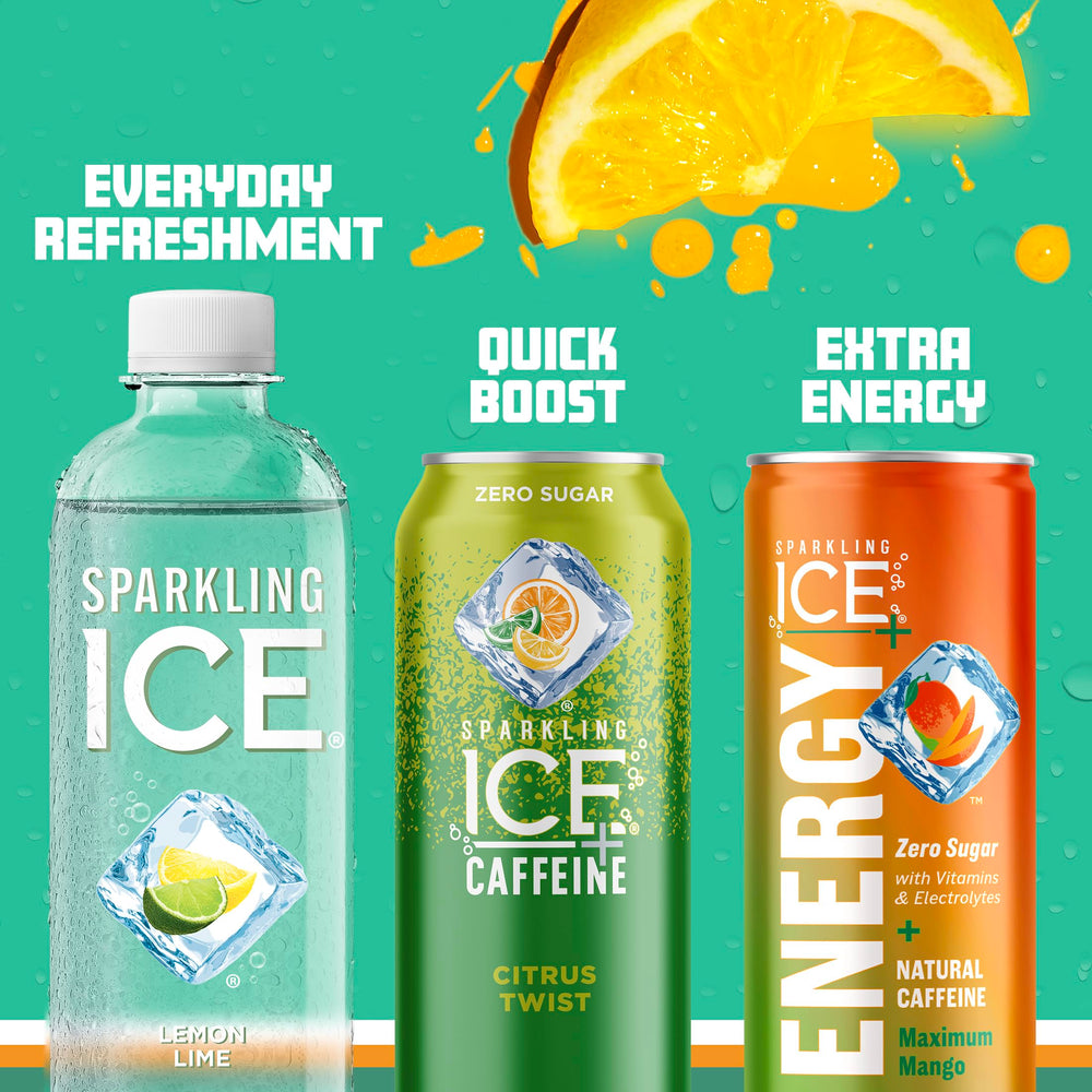 Sparkling Ice bottle next to a water bottle for scale, showing 17 fl oz single-serve convenience