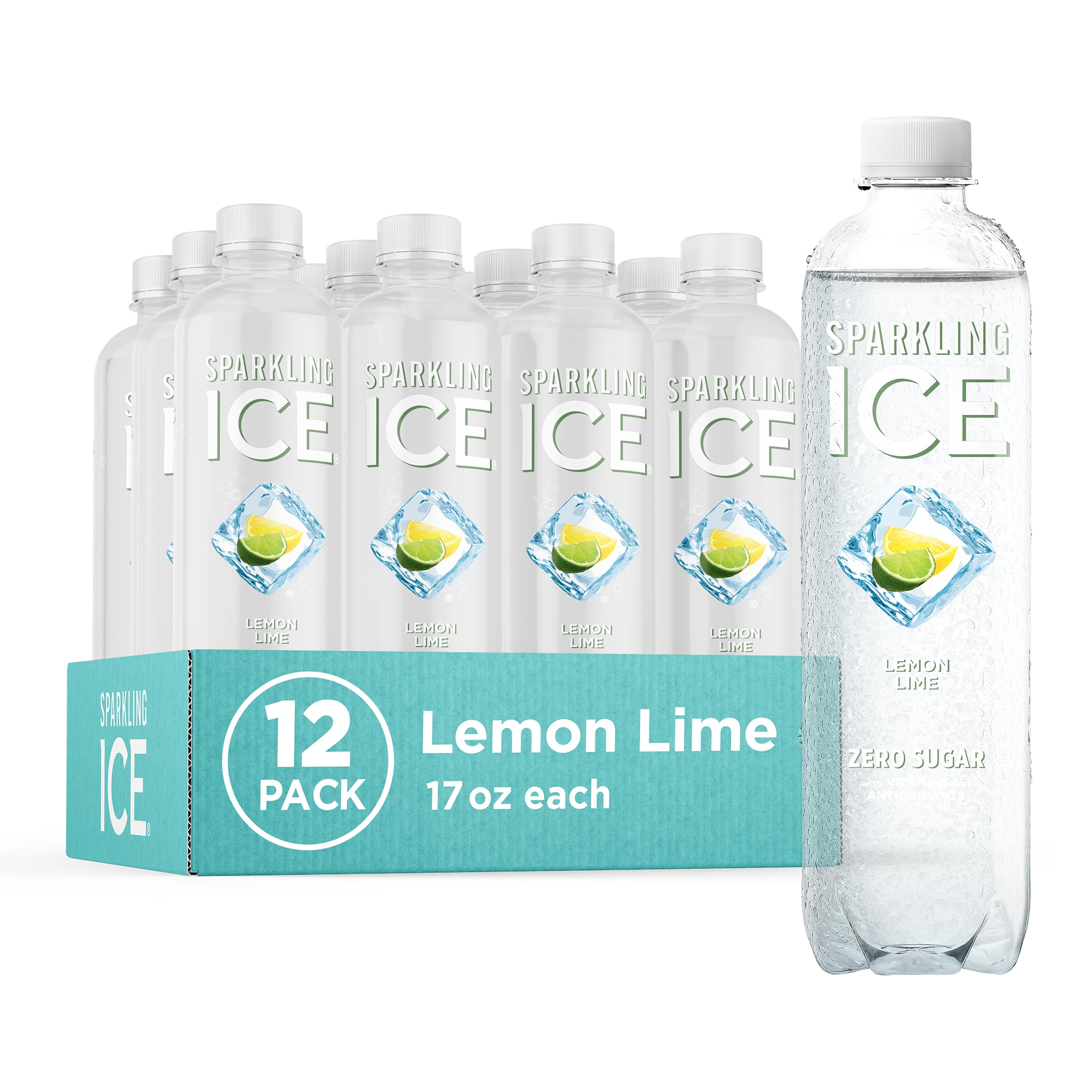 Sparkling Ice front packaging showing 12-pack and lemon lime flavor, convenient storage benefit